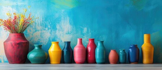 Vibrant handmade ceramic vases in various shapes and colors against a bright blue background with empty space for text or design elements.