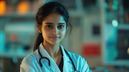 Young Indian female doctor wearing medical coat and stethoscope confidently posing in a professional healthcare setting.