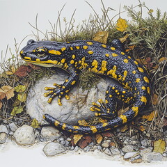 Obraz premium Salamander resting on a large rock surrounded by colorful autumn leaves and grass, showcasing bright yellow and black coloration, blending with nature's palette.