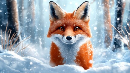 Realistic Illustration of a Fox in a Snowy Forest Setting