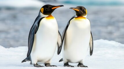 Fototapeta premium Two Adorable Emperor Penguins Standing Together on Ice