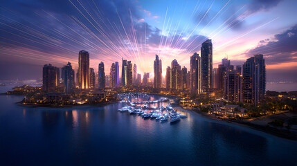 Obraz premium A New Year's Eve scene where the city is illuminated by beams of light that form intricate patterns in the sky, creating a dance of light that reflects the energy of the celebration