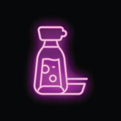 Glowing neon icon of a bottle pouring liquid into a bowl on a black background