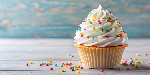 Creamy vanilla ice cream with colorful sprinkles and whipped cream in a decorative cupcake cup, desserts, celebration