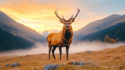 Majestic stag standing proud against a stunning mountain sunset