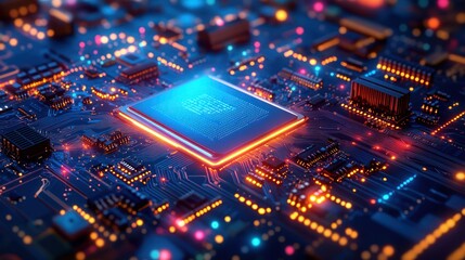 Glowing CPU on Circuit Board, Data Processing, Tech Background, Advertisement