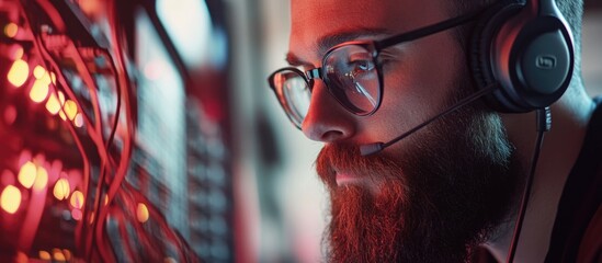 Bearded IT technician focused on computer monitor in server room surrounded by complex cables with empty space for text.