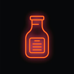 Neon sign in the shape of a bottle is glowing on a black background