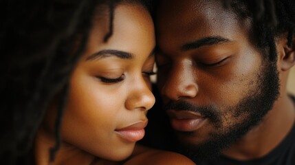 Tender moment of a loving couple sharing an emotional connection with their faces close together in a romantic and affectionate embrace