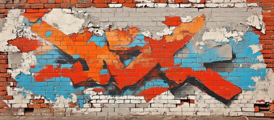 Fototapeta premium Colorful graffiti art on a weathered brick wall with flaked paint and visible texture, Copy Space