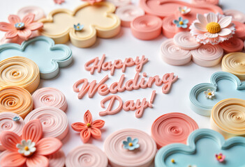 Colorful quilling art greeting card design for wedding celebration