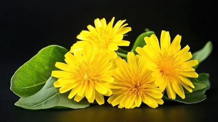 Vibrant yellow dandelion flowers accompanied by fresh green leaves against a striking black backdrop for a natural aesthetic appeal.