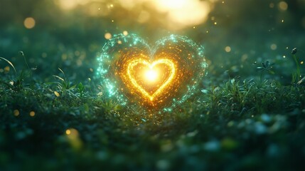 A mystical heart chakra symbol glowing brilliantly in a verdant meadow,