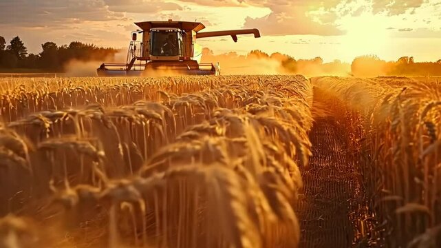 Seasonal wheat harvest by combine, concept of agricultural business, eco products
