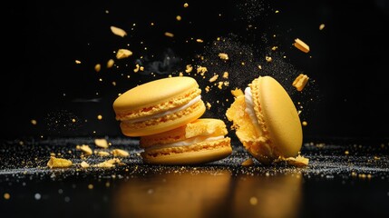 Vibrant yellow macaron cookies with a bite taken, set against a dark backdrop, showcasing a dynamic splash of crumbs and sugar for dessert concept.