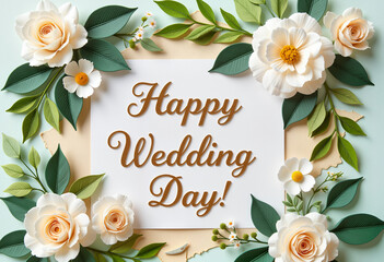 Elegant floral wedding card with white roses and eucalyptus, love celebration