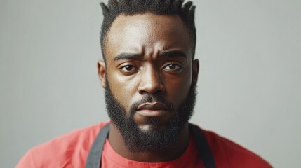 African American man with intense expression in apron showcasing sweat and fatigue after football workout with empty space for text placement