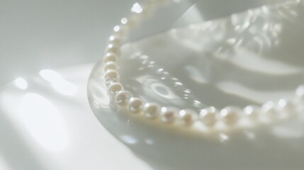 Elegant Pearl Necklace on White Surface with Soft Lighting and Reflections
