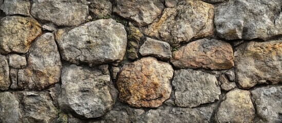Textured stone wall background with varying rock sizes and colors suitable for architectural and design applications Copy Space