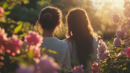 Fototapeta premium Young women enjoying a spring picnic surrounded by blooming flowers in a garden celebrating friendship and the beauty of nature