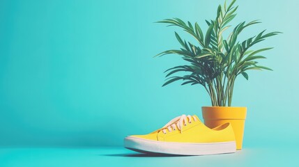 Obraz premium Vibrant Yellow Sneakers and Lush Green Plastic Plant in Bright Turquoise Setting, Minimalistic Composition for Contemporary Lifestyle Concepts