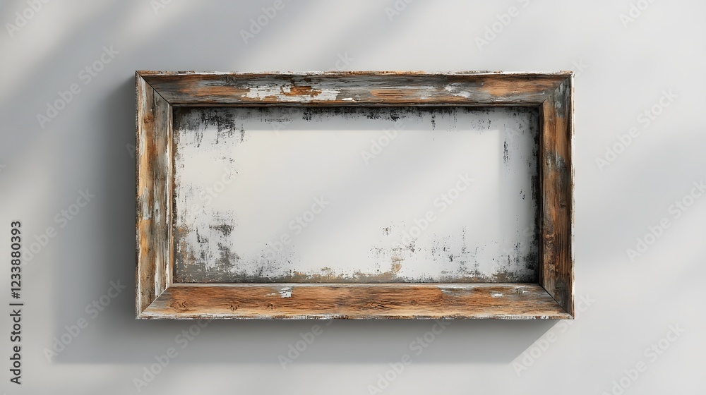 Poster distressed and weathered vintage wooden frame with peeling paint hanging on a plain wall providing a