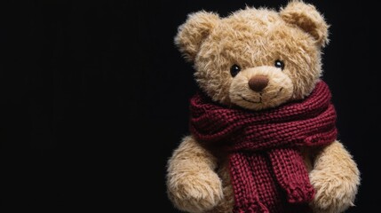 Obraz premium Cozy fluffy teddy bear wearing a warm knitted scarf against a dark background with empty copyspace for seasonal or promotional text