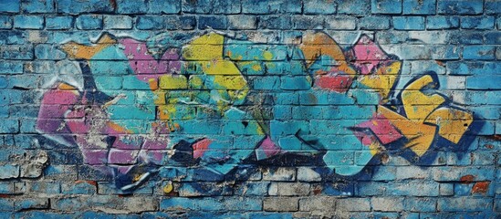 Naklejka premium Colorful graffiti art on a brick wall with vivid hues and interesting patterns suitable for urban backgrounds and street culture themes. Copy Space.