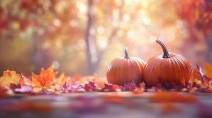 Cozy autumn scene with vibrant pumpkins surrounded by colorful leaves creating a warm fall atmosphere and inviting copyspace.