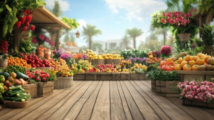 Cottage Summer Marketplace Filled with Fresh Fruits Vegetables and Tropical Flowers Under a Clear Sky and Warm Welcome Invitation