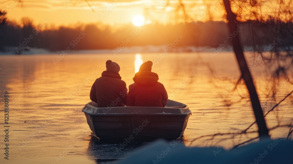 Wall mural couple enjoying a serene winter sunset on a lake from a boat creating an intimate atmosphere with be