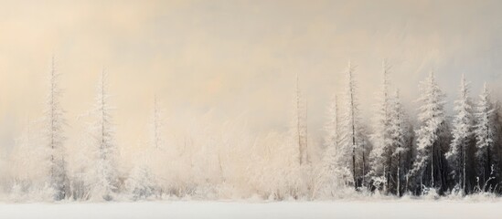 Serene winter landscape with snow-covered cedar trees and empty copy space for text ideal for seasonal promotions or nature-themed designs