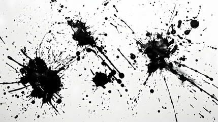 Abstract black paint splatters on a white background, creating a dynamic visual effect.