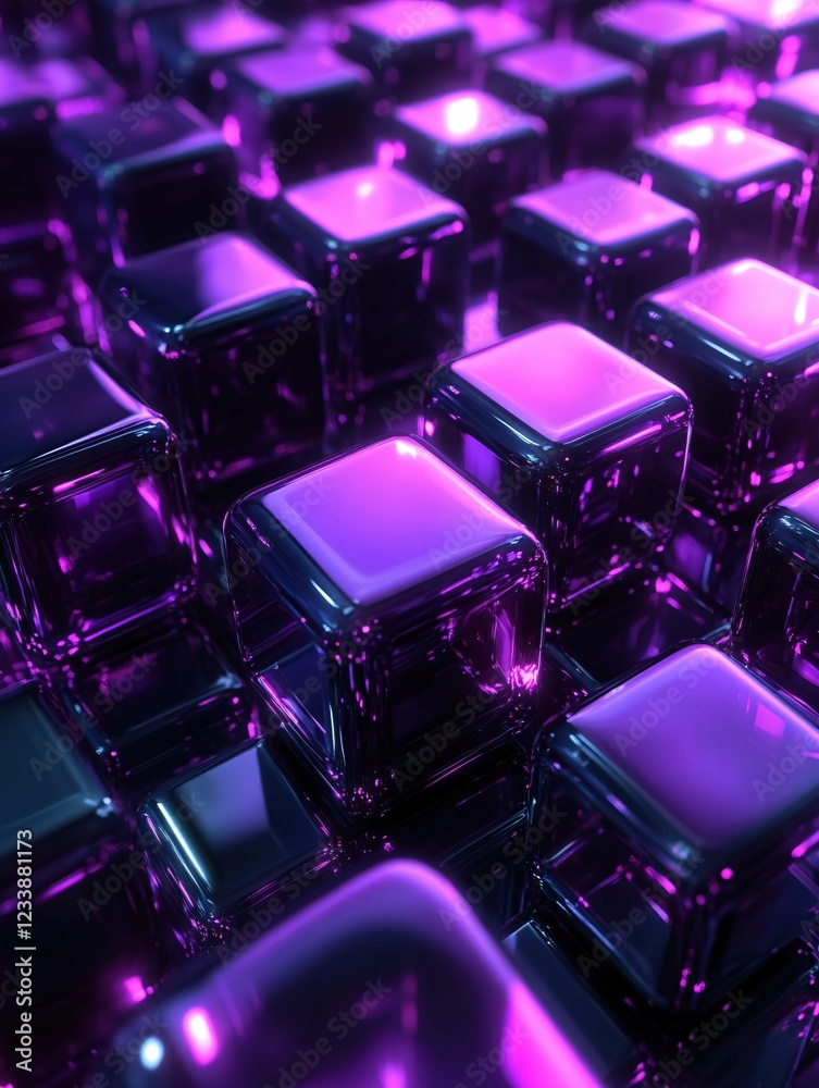 Poster abstract purple cubes arranged in a grid pattern with a reflective surface and soft lighting