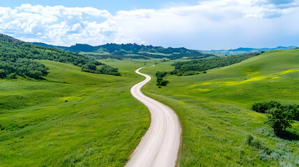 Winding road through green valley, sunny day.  Background hills, travel photography