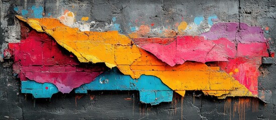 Colorful abstract graffiti mural with layers of paint peeling off a concrete wall and Copy Space for text placement