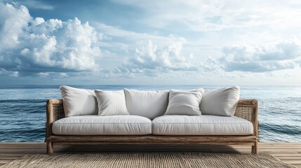 Couch with white pillows and natural rug overlooking serene ocean view and sky with clouds in tranquil coastal setting