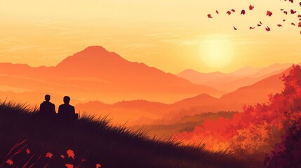 Fototapeta premium Couple enjoying a tranquil sunset together on a mountain during autumn with vibrant fall foliage and serene landscape elements