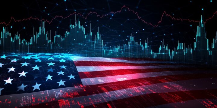 American Flag and Financial Market Data Overlay, Digital Design with Bold Shapes and Clean Lines