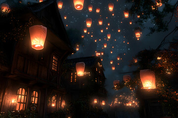 Obraz premium A New Year's Eve scene where the sky is filled with thousands of floating lanterns, each one carrying a wish for the coming year, glowing softly against the dark sky