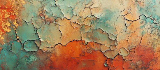 Obraz premium Colorful cracked paint texture with turquoise, orange, and beige tones on a rustic surface suitable for backgrounds. Copy Space.