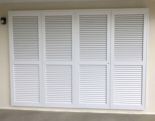 Fototapeta premium Four-Panel White Louvered Shutters with Textured Wall and Floor Background