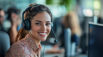 Friendly call center agent answering incoming calls with a headset, providing customer service remotely. Happy woman using her excellent communication skills to resolves customer issues.