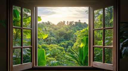 Cottage window view showcasing a lush tropical forest landscape under a daytime sky with abundant greenery and natural light.