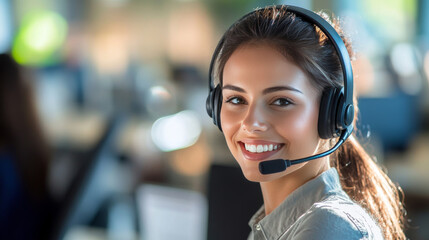 Friendly call center agent answering incoming calls with a headset, providing customer service remotely. Happy woman using her excellent communication skills to resolves customer issues.