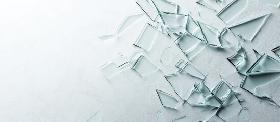 Shattered glass fragments on light background with copy space for text or design elements