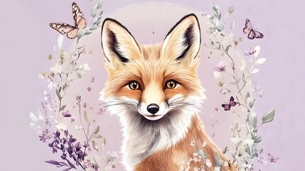 Obraz premium Adorable Fox Surrounded by Delicate Flowers and Butterflies Artwork