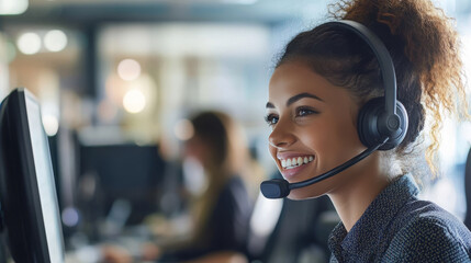 Friendly call center agent answering incoming calls with a headset, providing customer service remotely. Happy woman using her excellent communication skills to resolves customer issues.