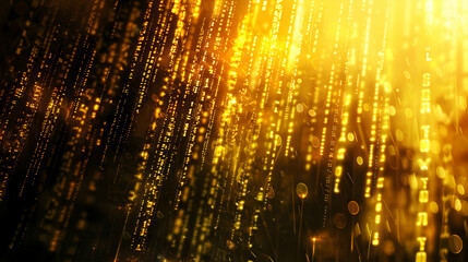 Naklejka premium A shimmering golden digital rain effect, evoking a high-tech or futuristic atmosphere.