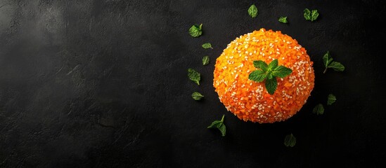 Cheeseburger with mint and carrot garnishing on a dark background with space for text in a prepared meal setting
